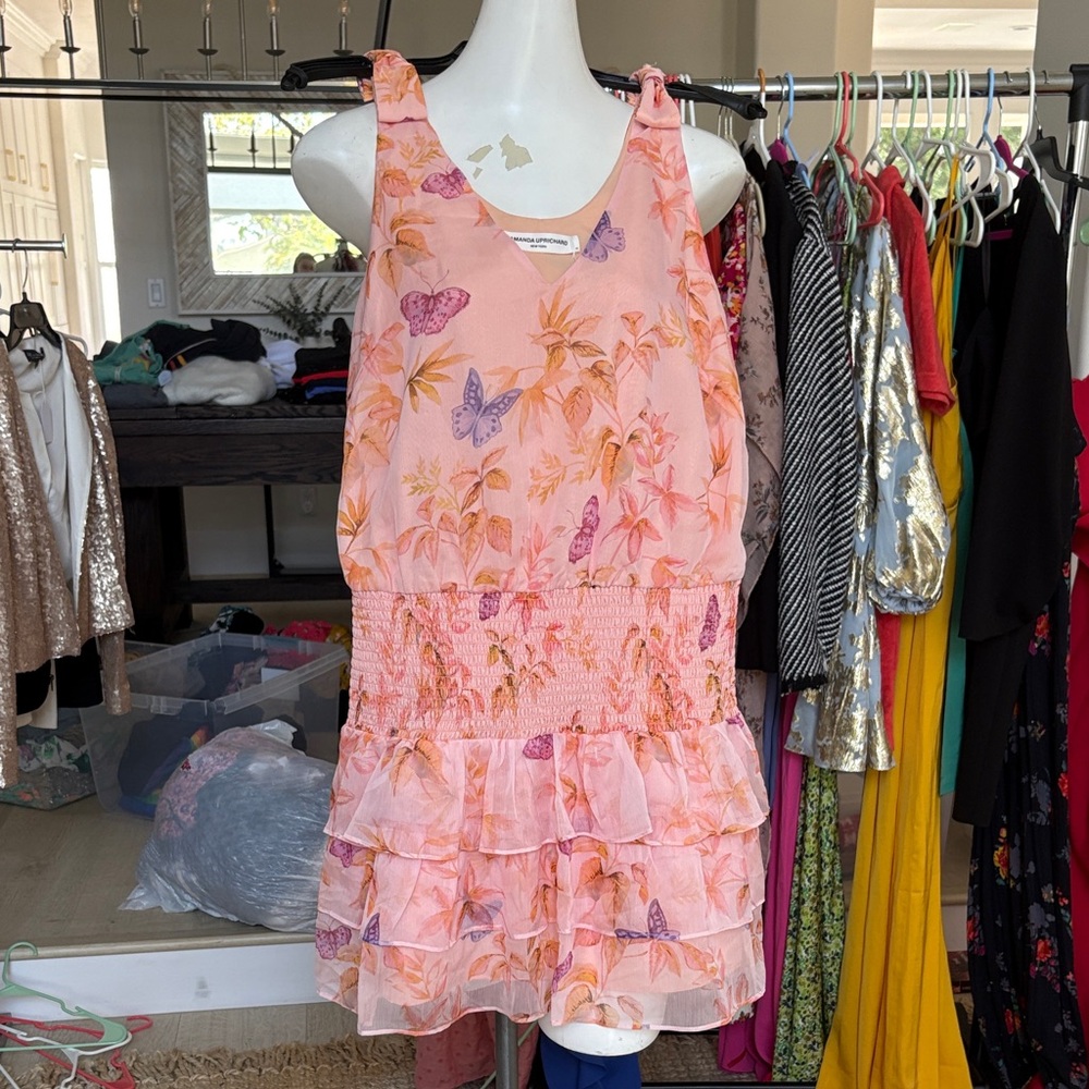 Amanda Uprichard Pink & Purple Butterfly Tiered Knot-Shoulder Dress